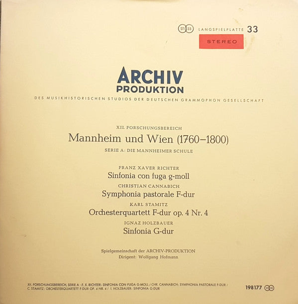 Franz Xaver Richter / Christian Cannabich / Carl Stamitz / Ignaz Jakob Holzbauer : Sinfonia Con Fuga G-moll / Symphonia Pastorale F-dur / Orchesterquartett F-dur Op.4 N°4 / Sinfonia G-dur (LP)