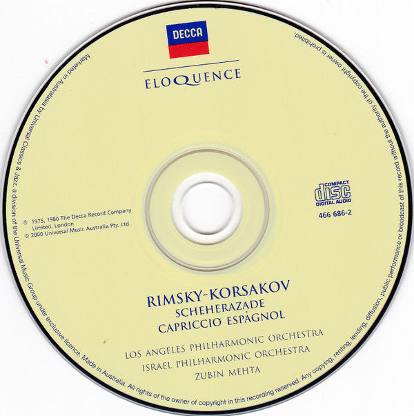 Nikolai Rimsky-Korsakov, Los Angeles Philharmonic Orchestra, Israel Philharmonic Orchestra, Zubin Mehta : Scheherazade Capriccio Espagnol (CD, Album, Comp, RM)