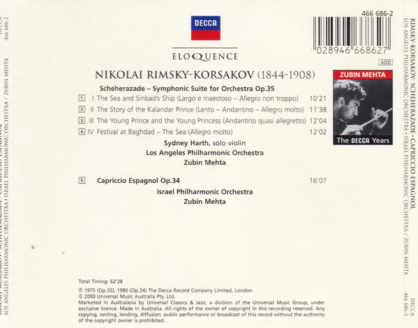 Nikolai Rimsky-Korsakov, Los Angeles Philharmonic Orchestra, Israel Philharmonic Orchestra, Zubin Mehta : Scheherazade Capriccio Espagnol (CD, Album, Comp, RM)
