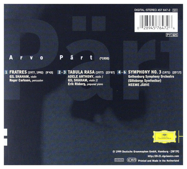 Arvo Pärt - Gil Shaham · Adele Anthony · Göteborgs Symfoniker · Neeme Järvi : Tabula Rasa · Fratres · Symphony No. 3 (CD, Album)