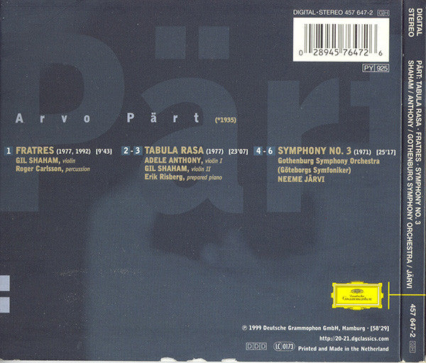 Arvo Pärt - Gil Shaham · Adele Anthony · Göteborgs Symfoniker · Neeme Järvi : Tabula Rasa · Fratres · Symphony No. 3 (CD, Album)