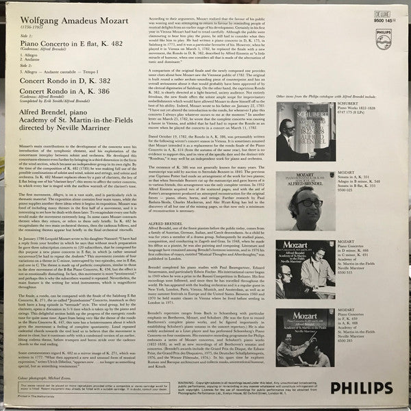 Mozart* - Alfred Brendel, Academy Of St. Martin-in-the-Fields*, Neville Marriner* : Piano Concerto In E Flat, K. 482 / Rondos, K. 382 And K. 386 (LP)