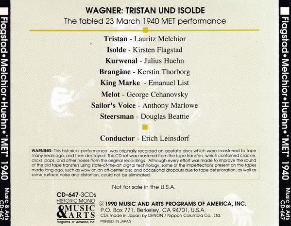 Richard Wagner, Kirsten Flagstad, Lauritz Melchior, Julius Huehn, Kerstin Thorborg, Emanuel List, Erich Leinsdorf : Tristan Und Isolde, Met 1940 (3xCD, Mono, AAD)
