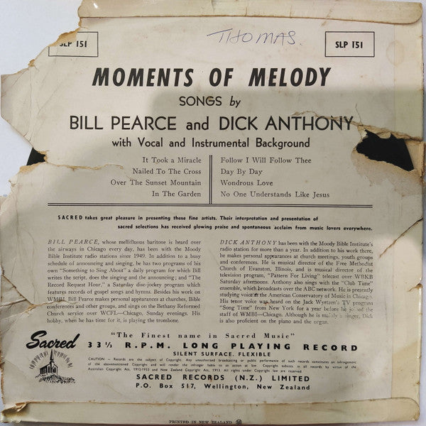 Bill Pearce, Dick Anthony : Moments Of Melody (10", Comp)