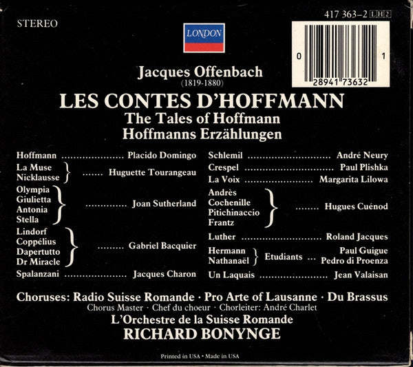 Jacques Offenbach, Joan Sutherland, Placido Domingo, Gabriel Bacquier, L'Orchestre De La Suisse Romande, Richard Bonynge : Les Contes D'Hoffman = The Tales Of Hoffmann (2xCD, RE, RM + Box)
