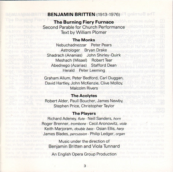 Benjamin Britten : The Burning Fiery Furnace (CD, RE, RM)