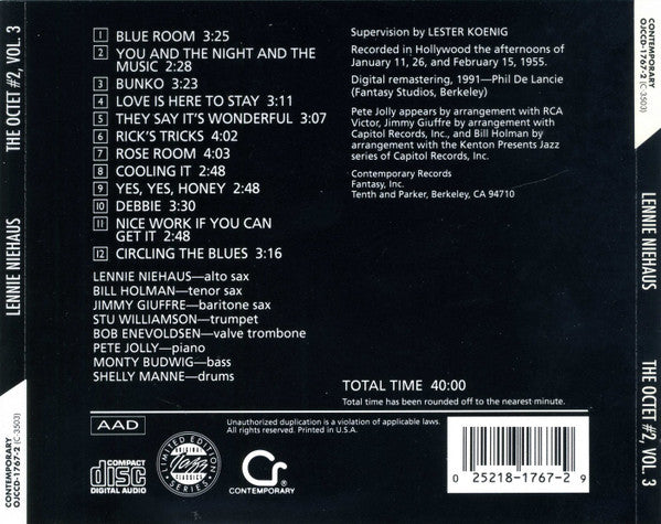 Lennie Niehaus : Vol. 3: The Octet #2 (CD, Album, Mono, Ltd, RE, RM)