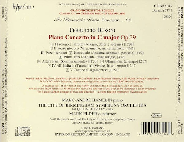 Busoni*, Marc-André Hamelin, City Of Birmingham Symphony Orchestra, Mark Elder (2) : Piano Concerto Op XXXIX (CD, Album)