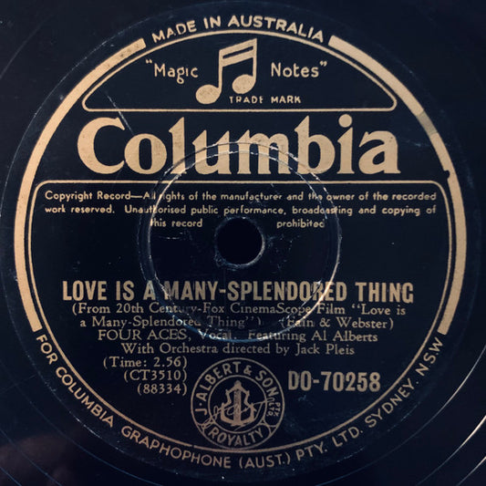 The Four Aces Featuring Al Alberts : Love Is A Many Splendored Thing / Let's Fall In Love (Shellac, 10")