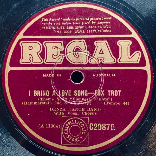 Denza Dance Band* : I Bring A Love Song / You Will Remember Vienna (Shellac, 10")