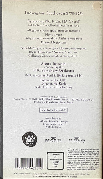 Beethoven*, NBC Symphony Orchestra, Arturo Toscanini : Symphony No. 9  (VHS, Mono)