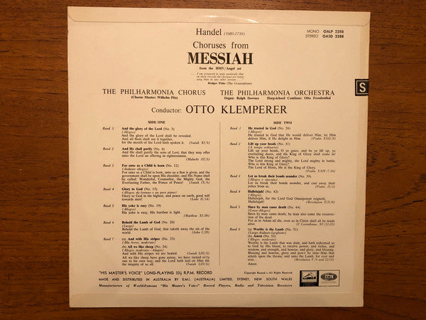Georg Friedrich Händel, Philharmonia Chorus, Wilhelm Pitz, Philharmonia Orchestra, Otto Klemperer : Choruses From Messiah (LP, Album)