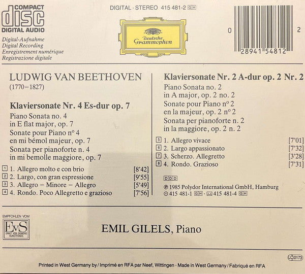 Beethoven* – Emil Gilels : Klaviersonaten Nos. 2 & 4 = Piano Sonatas = Sonates Pour Piano (CD, Album)