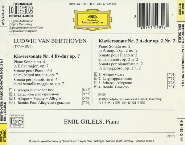 Beethoven* – Emil Gilels : Klaviersonaten Nos. 2 & 4 = Piano Sonatas = Sonates Pour Piano (CD, Album)