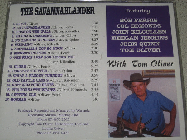 Tom Oliver (3) Featuring Bob Ferris (3), Col Edmonds, John Kilcullen, Meegan Jenkins, John Quinn (15) : All Aboard The Savannahlander With Tom Oliver (CD, Album)