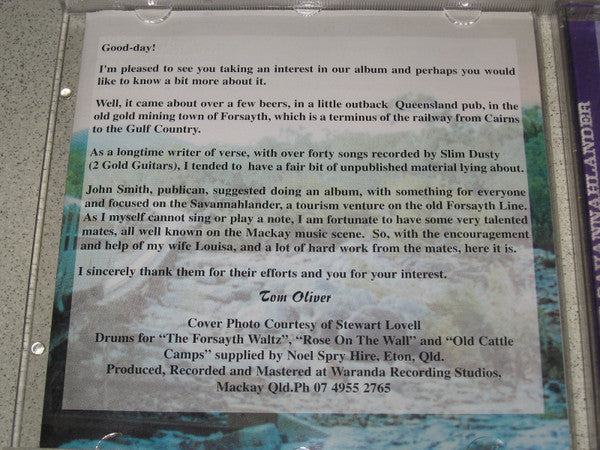 Tom Oliver (3) Featuring Bob Ferris (3), Col Edmonds, John Kilcullen, Meegan Jenkins, John Quinn (15) : All Aboard The Savannahlander With Tom Oliver (CD, Album)
