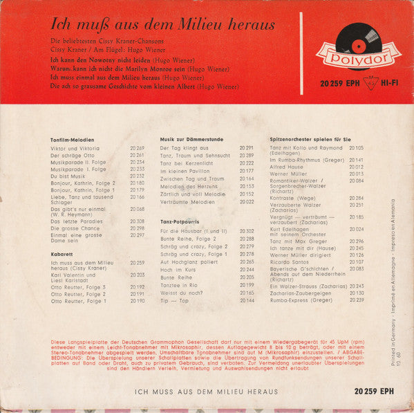 Cissy Kraner : Ich Muß Aus Dem Milieu Heraus (7", EP, Mono, RP)