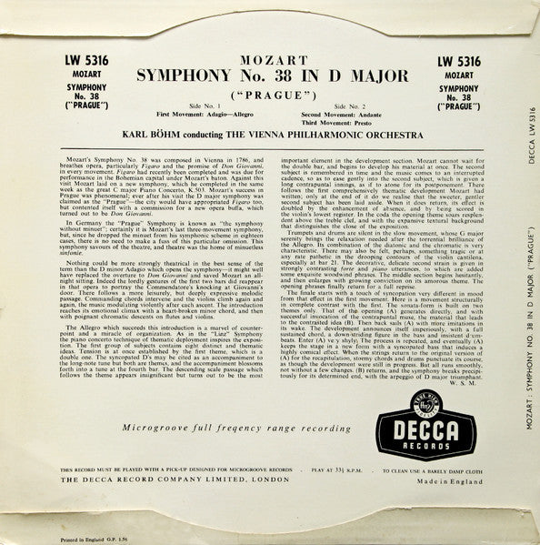 Wolfgang Amadeus Mozart, The Vienna Philharmonic Orchestra*, Karl Böhm : Symphony No.38 In D Major "Prague" (10")