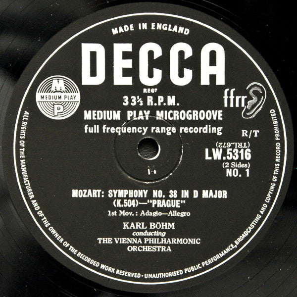 Wolfgang Amadeus Mozart, The Vienna Philharmonic Orchestra*, Karl Böhm : Symphony No.38 In D Major "Prague" (10")