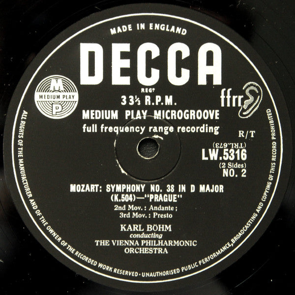 Wolfgang Amadeus Mozart, The Vienna Philharmonic Orchestra*, Karl Böhm : Symphony No.38 In D Major "Prague" (10")