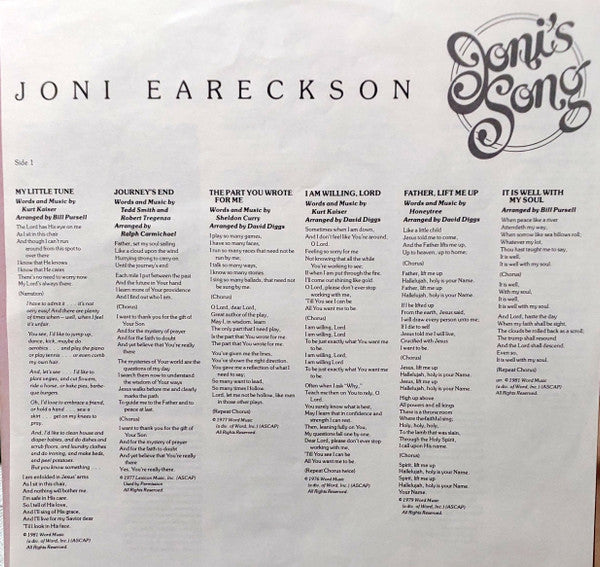 Joni Eareckson : Joni's Song (LP, Album)