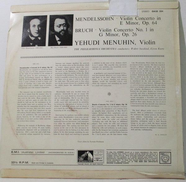 Mendelssohn* / Bruch* - Yehudi Menuhin, The Philharmonia Orchestra*  conductors  Walter Susskind, Efrem Kurtz : Concerto In E Minor, Op. 64 / Concerto No.1 In G Minor, Op. 26 (LP)