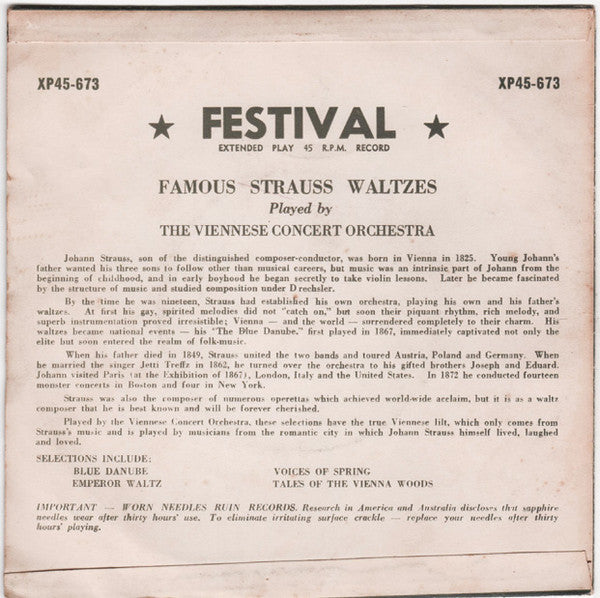 Viennese Concert Orchestra : Famous Strauss Waltzes (7", EP)