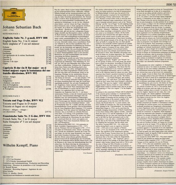 Johann Sebastian Bach - Wilhelm Kempff : Französische Suite No.5 = French Suite, Englische Suite No.3 = English Suite, Toccata D-Dur = In D Major, Capriccio (LP)