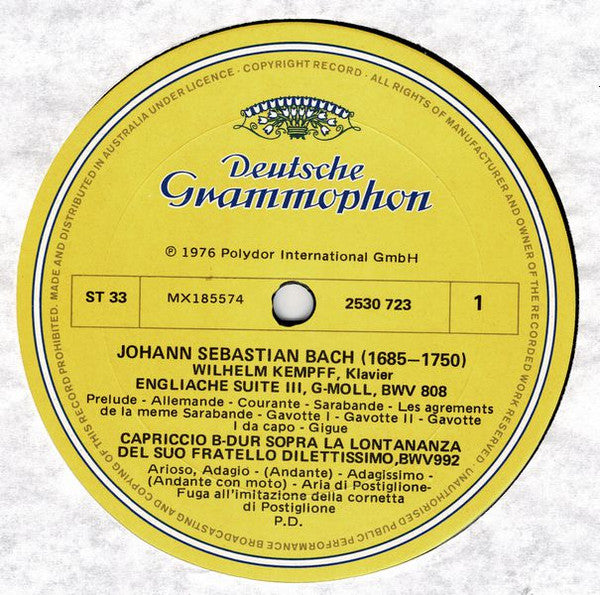 Johann Sebastian Bach - Wilhelm Kempff : Französische Suite No.5 = French Suite, Englische Suite No.3 = English Suite, Toccata D-Dur = In D Major, Capriccio (LP)