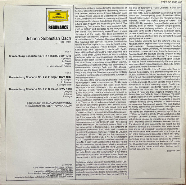 Johann Sebastian Bach - Berliner Philharmoniker, Herbert von Karajan : Brandenburg Concertos Nos. 1, 2 & 3 (LP, Album, RE)