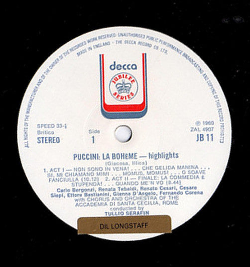 Puccini* / Chorus* And Orchestra Of The Accademia Di Santa Cecilia, Rome*, Serafin* : La Boheme–Scenes And Arias (LP)