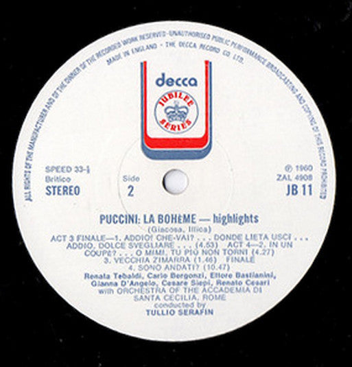 Puccini* / Chorus* And Orchestra Of The Accademia Di Santa Cecilia, Rome*, Serafin* : La Boheme–Scenes And Arias (LP)