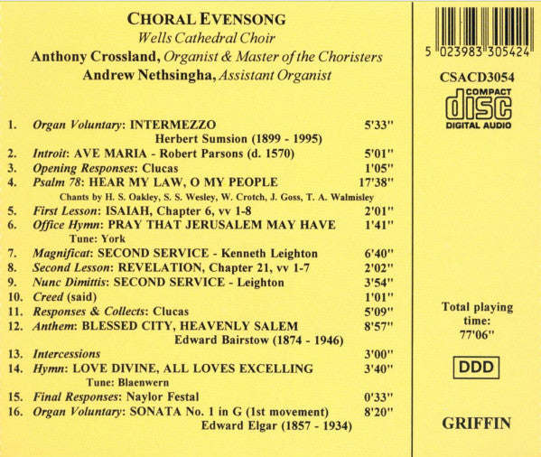 Wells Cathedral Choir, Anthony Crossland, Andrew Nethsingha : Choral Evensong From Wells Cathedral (CD, Album)
