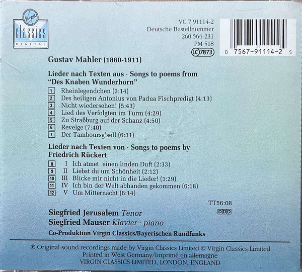Mahler*, Siegfried Jerusalem, Siegfried Mauser : Des Knaben Wunderhorn • Rückert Lieder (CD)
