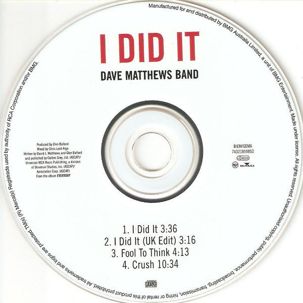 Dave Matthews Band : I Did It (CD, Single)