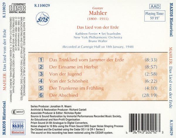 Gustav Mahler, Kathleen Ferrier, Set Svanholm, New York Philharmonic Orchestra*, Bruno Walter : Das Lied Von Der Erde (CD, Album)