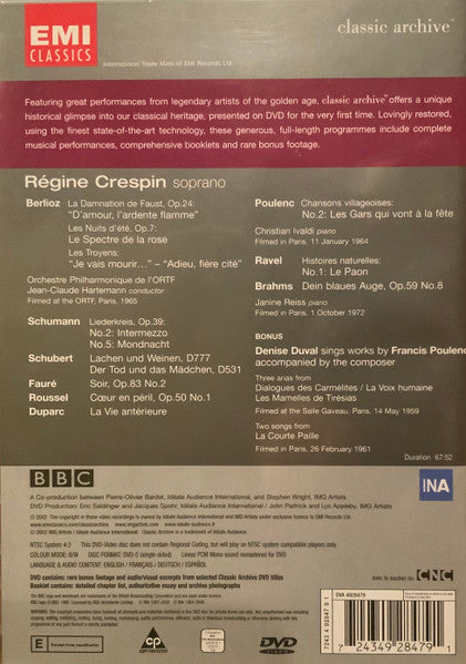 Régine Crespin : Berlioz, Schumann, Schubert, Fauré, Roussel, Duparc, Ravel, Brahms And Poulenc (DVD-V, Comp, Mono, Copy Prot., NTSC)