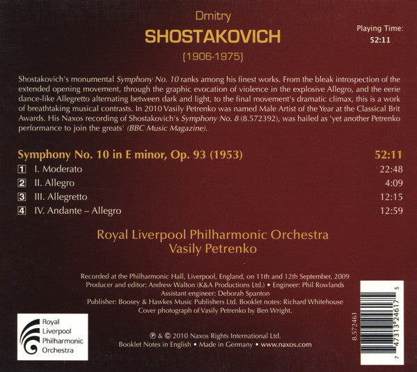 Dmitri Shostakovich - Royal Liverpool Philharmonic Orchestra / Vasily Petrenko : Symphony No. 10 (CD, Album)