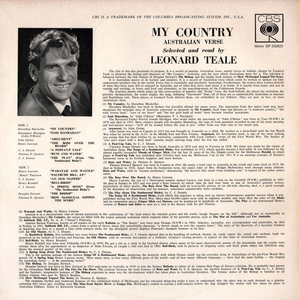 Leonard Teale : My Country (Australian Verse Selected And Read By Leonard Teale) (LP)