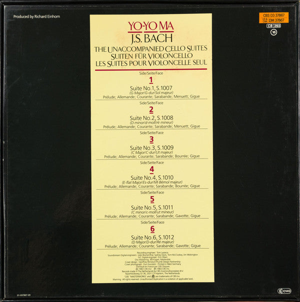 J.S. Bach*, Yo-Yo Ma : The Unaccompanied Cello Suites / Suiten Für Violoncello / Les Suites Pour Violoncelle Seul (3xLP + Box)