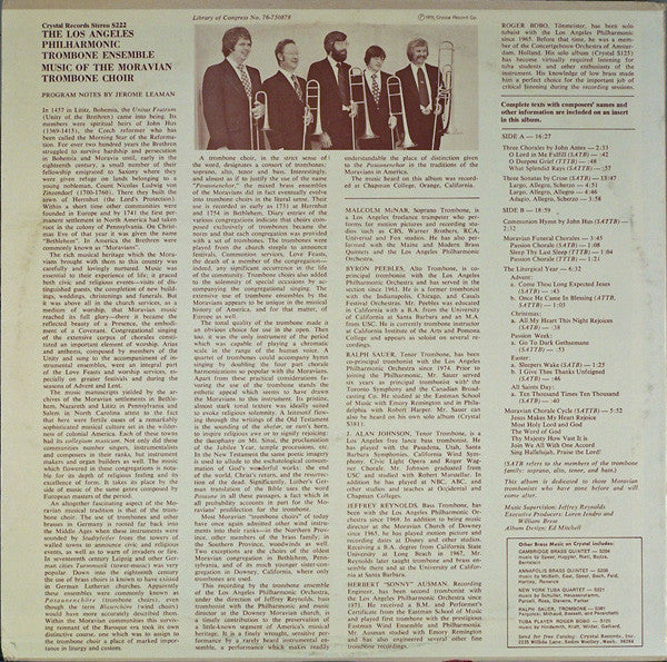 Los Angeles Philharmonic Trombone Ensemble : Music Of The Moravian Trombone Choir (LP, Album)