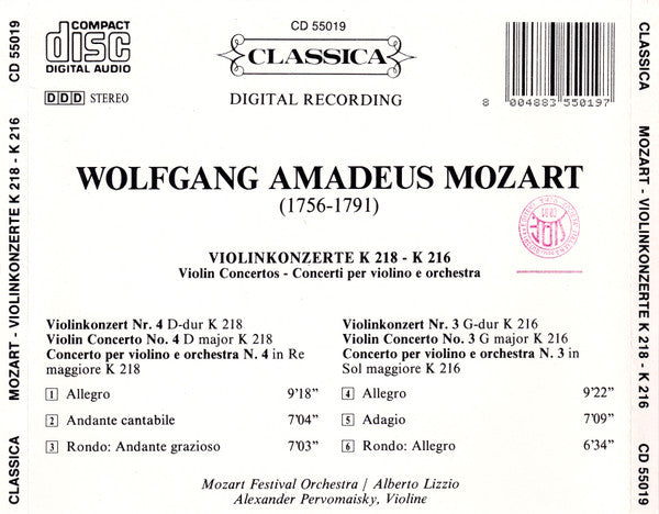 Wolfgang Amadeus Mozart, Mozart Festival Orchestra (2), Alberto Lizzio, Alexander Pervomansky : Violinkonzerte K 218 - K 216 (CD)