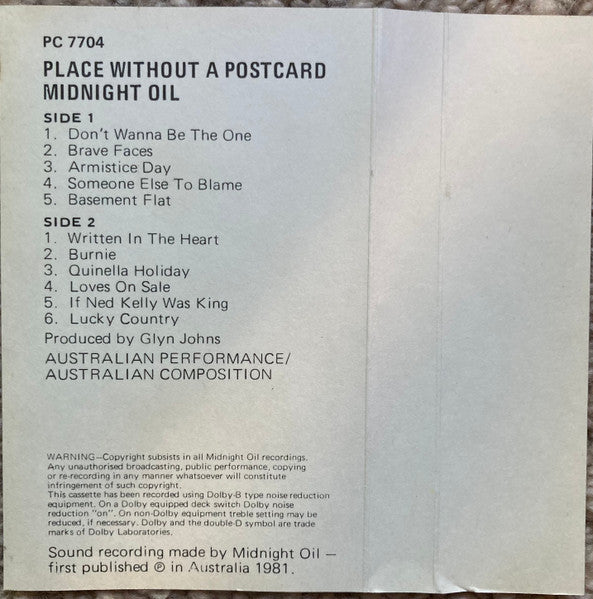 Midnight Oil : Place Without A Postcard (Cass, Album)