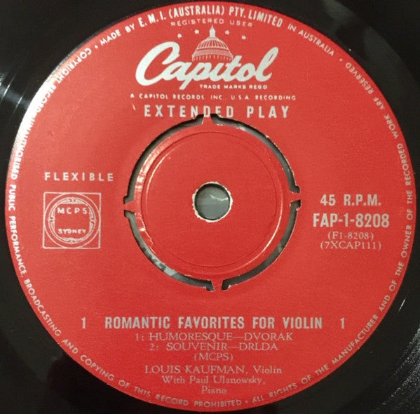 Louis Kaufmann* With Paul Ulanowsky : Romantic Favorites For Violin (7", EP)