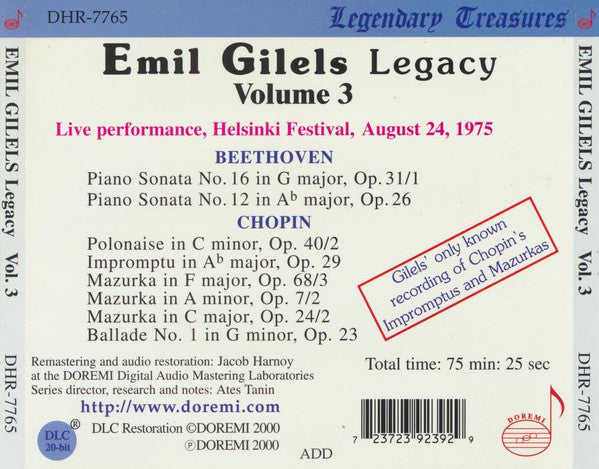 Emil Gilels : Legacy Vol. 3 - Live Performance, Helsinki Festival, August 24, 1975 (CD, RM)