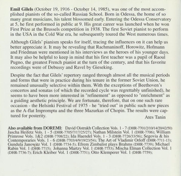 Emil Gilels : Legacy Vol. 3 - Live Performance, Helsinki Festival, August 24, 1975 (CD, RM)
