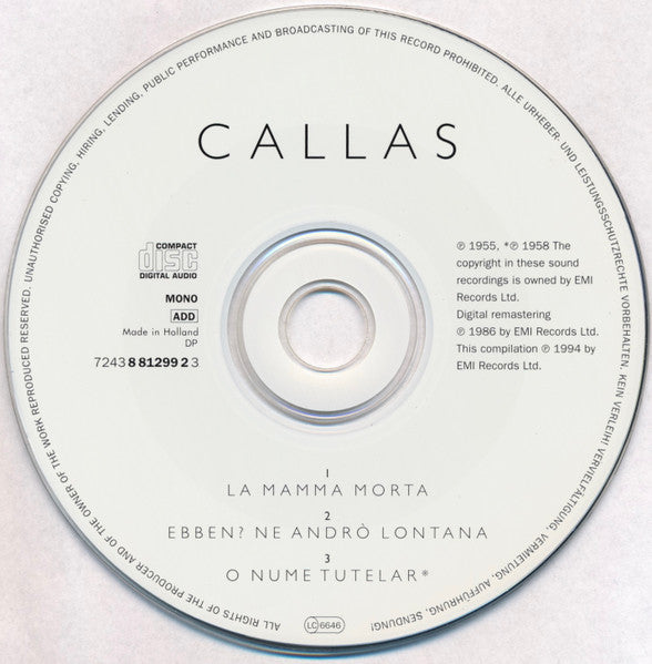 Maria Callas : La Mamma Morta & 2 Other Titles From The Motion Picture ' Philadelphia ' (CD, Maxi, Mono, Dig)