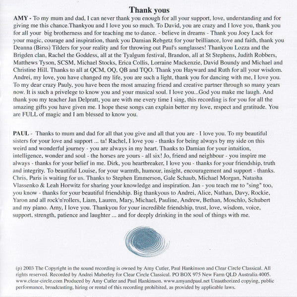 Amy Cutler (4) & Paul Hankinson : Art Songs (CD, Album)