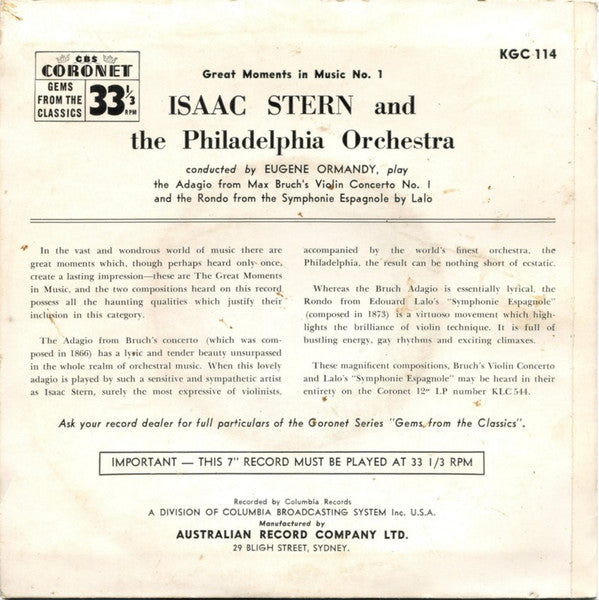 Isaac Stern, The Philadelphia Orchestra Conductor Eugene Ormandy : Great Moments In Music No. 1 (7", EP)