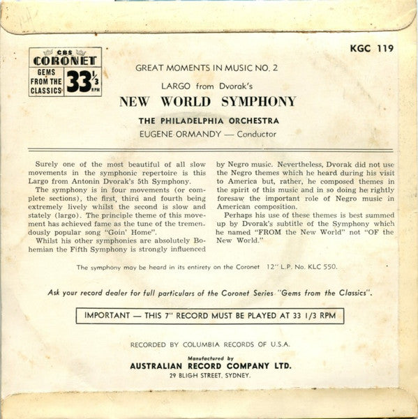 The Philadelphia Orchestra Conductor Eugene Ormandy : Great Moments In Music No. 2: Largo from Dvorak's New World Symphony (7", EP)